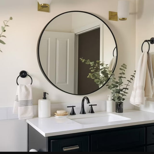 40cm Round Black Wall Mirror – Modern Aluminium Frame for Bathroom, Bedroom or Living Room