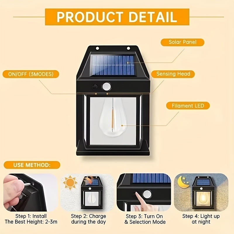 Solar Powered Outdoor Wall Lantern with Motion Sensor – 3 Lighting Modes